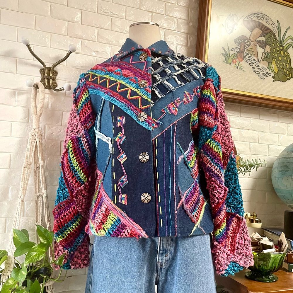Vintage Sandy Starkman Crochet Sequin Patchwork Denim Jean Jacket - Picture 1 of 16